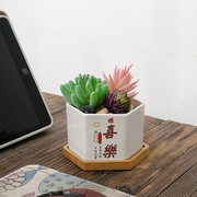 ins风多肉植物白色盆栽陶瓷创意简约现代竹托个性可爱迷你小花盆