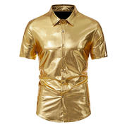 大码宽松胖人可穿演出表演欧美舞台，金银色(金银色)衬衣男亮面个性短袖衬衫