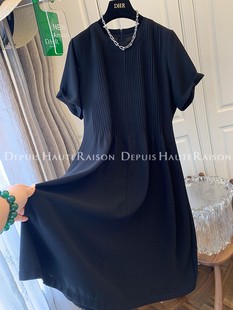 DHR 高级感高端精致法式黑色真丝百褶连衣裙子气质显瘦2024女