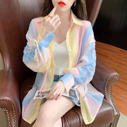 彩虹雪纺衬衫女夏季设计感小众抽绳长袖衬衣外搭宽松薄款防晒开衫