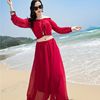 红色连衣裙长裙海南云南三亚旅游拍照衣服沙滩裙海边度假高腰套装
