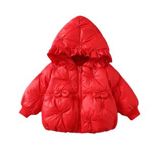 女童羽绒服1-4-5岁童装女宝宝，冬装外套轻薄连帽冬季红色，婴儿衣服3