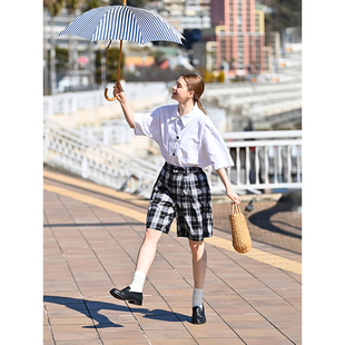 UNRETRO日系高腰黑白格纹短裤女学生夏季复古直筒格子休闲五分裤