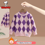 史努比女童毛衣，春秋冬时髦紫色套头衫，小女孩圆领百搭针织上衣