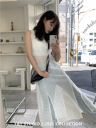 uniquesei韩国小众设计夏季透视渔网开叉，裙摆背心罩衫连衣裙
