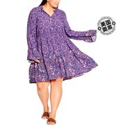 avenuePlus 女式花卉长袖直筒连衣裙 - 淡紫色镶边 美国奥莱