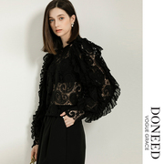 DONEED镂空蕾丝黑色衬衫女时尚洋气宽松木耳边高级感上衣夏季