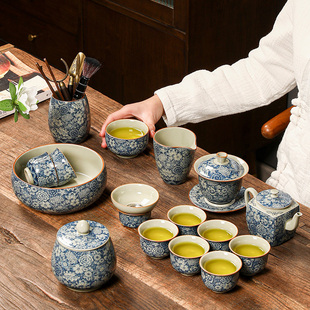 青花汝窑功夫茶具套装家用客厅，陶瓷泡茶壶盖碗，茶杯整套高档礼盒装