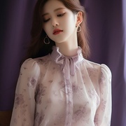41浅紫色蕾丝泡泡袖雪纺衬衫女法式漂亮独特别致小衫超仙2024