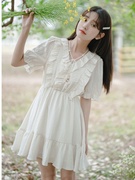 荷叶边白色收腰连衣裙，女装夏季2023森系减龄短裙子小个子显高