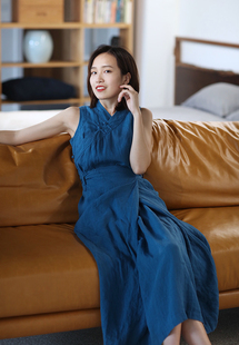 中式复古洗旧亚麻天蓝色汉服交领盘扣系带多种穿法西藏裙4107