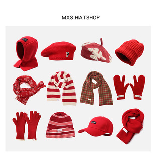 红色帽子女冬季保暖红手套，圣诞礼物复古酒，红色贝雷帽毛线帽围巾潮
