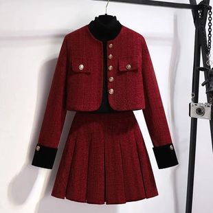 大码新年战袍红色小香风套装外套小个子春季2024百褶裙两件套