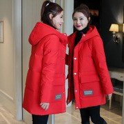 大红色羽绒服女中长款2022冬季韩版时尚，直筒羽绒服女短款加厚外套