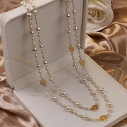 韩国气质高级感长款珍珠，项链女时尚小香风多层镂空玫瑰花毛衣链潮