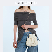 lartigent24夏款时尚褶皱，抽绳束口斜跨包女法式小香风，手提单肩包