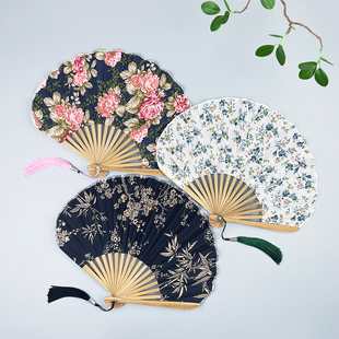 扇子折扇中国风棉布贝壳扇旗袍扇子女式古风创意扇夏季便携小扇
