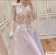 法式粉色钉珠花朵网纱收腰连衣裙夏重工中长款镶钻气质礼服仙女裙