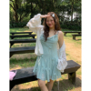金大支驼鸟毛拼接荡领吊带连衣裙女2025新款微胖mm大码浅绿色裙子