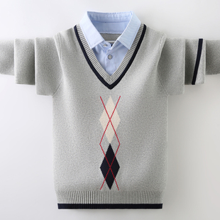 男童毛衣假两件秋冬款衬衫领中大童套头，线衣加绒加厚儿童针织衫潮