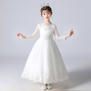 花童装白色蕾丝女长款公主，网纱裙子连衣裙晚礼服，b类儿童礼服