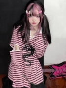 朋克甜酷亚文化粉色条纹少女长袖T恤宽松2023年春秋款打底衫辣妹