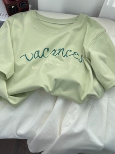 清新绿色冰丝棉短袖t恤女夏季韩系字母，印花宽松休闲圆领半袖上衣