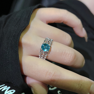 高级感培育帕拉伊巴戒指女霓虹蓝碧玺彩宝蓝绿人工宝石宽食指指环