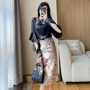 新中式国风缎面衬衫套装女装春秋洋气时尚高级感半身裙两件套套裙