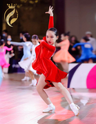 儿童拉丁舞专业比赛服英国进口丝绒，2023女高档规定，红色公主领