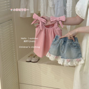 夏季女童韩版洋气粉色吊带娃娃衫儿童设计感无袖背心衬衫宝宝上衣