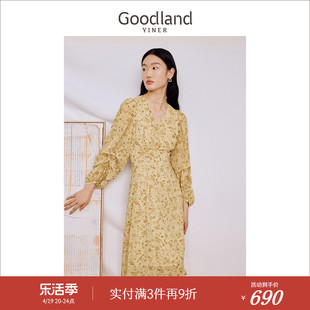 Goodland美地女装2023秋季印花碎花泡泡袖V领钉珠黄色连衣裙