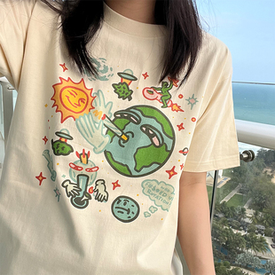 守护地球环保创意印花马克先生和天使娜娜潮牌原创宽松T恤棉短袖