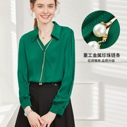 v领雪纺衬衫女款长袖法式秋季时尚，气质绿色职业上衣洋气衬衣