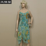 女装迪妮绿色印花连衣裙夏季清凉修身吊带斜裁低价销售