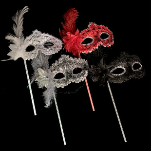 羽毛手持面具古风眼罩，情趣中国风万圣节化妆舞会面具半脸面具女