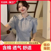 棉质大码女装polo泡泡袖中长裙2024夏季胖妹妹收腰显瘦短袖连衣裙