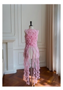 法式甜美仙气粉色流苏珍珠雪纺衫荷叶边不规则无袖衬衫氛围感上衣