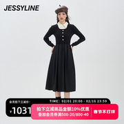 jessyline2023冬季杰茜，莱黑色收腰长款连衣裙343111134