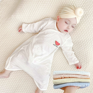婴儿春夏季薄款睡袋男女童空调房护肚，连体衣宝宝纯棉长袖开扣睡衣