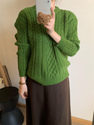 此外麻花针织复古圆领套头，毛衣女(毛衣女)秋冬韩版显瘦绿色针织衫潮