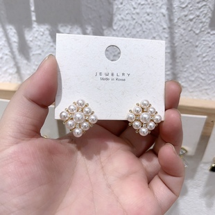 2023年韩国韩版几何方块方形，耳钉耳饰925纯银针满钻珍珠耳环