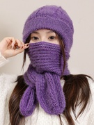 帽子围巾一体女韩版冬季保暖加绒加厚针织，骑车护耳可爱防寒围脖帽