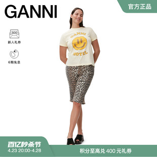 ganni女装淡黄色笑脸图案，印花休闲宽松圆领短袖t恤衫t3224302