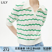 LILY2023夏女装别致洋气撞色条纹气质优雅通勤款POLO毛针织衫