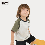 RYSON潮童装23夏季上衣军绿色插肩五分袖宽松披萨纯棉短袖T恤