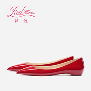 红镜气质尖头漆皮红底平底鞋，2024春酒红色浅口内增高单鞋女