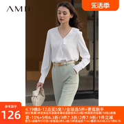 amii2024秋季法式小衫v领荷叶，边衬衫长袖，雪纺衫女白色衬衣