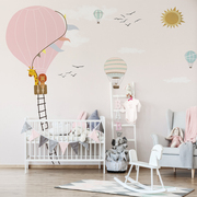 北欧女孩房间墙纸儿童房，壁纸男孩卧室卡通，墙布热气球定制壁画无缝