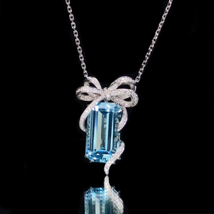 日系海蓝宝蝴蝶结项链女白金丝带，蓝色水晶锁骨，链纯银钻石高级方形